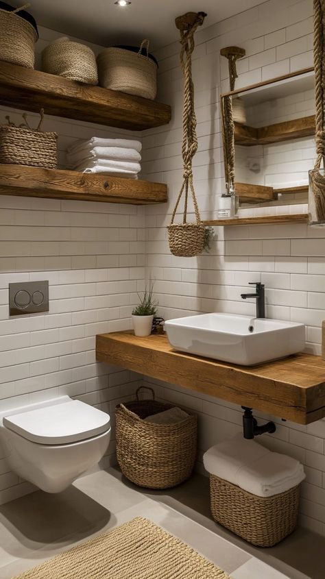 27 Brilliant and Beautiful Bathroom Shelf Ideas You Need to Check Out - Wellness Wink Rustic Half Bath Ideas, Bathroom Wall Towel Storage, Bath Towel Hanging Ideas, Shelving Above Toilet, Shelf With Hooks Bathroom, Rustic Half Bath, Towel Hanging Ideas, Setting Picture, Bathroom Shelf Ideas