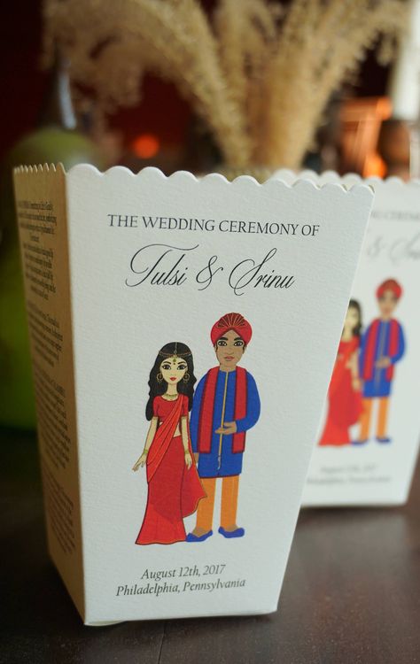 Indian Emoji Wedding Program Popcorn Box, Rose Petal Box, Personalized Bitmoji Hindu Wedding Program Indian Wedding Program, Indian Hindu Wedding, Popcorn Wedding Favors, Popcorn Favor, New Emoji, Wedding Card Design Indian, Petal Toss, Indian Wedding Favors, Popcorn Party