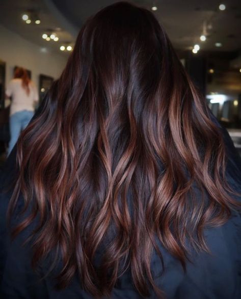 Auburn Midshaft Highlights on Dark Chocolate Hair Copper Balayage On Brown Hair, Copper Highlights On Black Hair, Beautiful Brown Hair Color, Balayage On Brown Hair, Copper Brunette, Box Hair Dye, Burgundy Hair Dye, Dark Brown Hair Balayage, Brown Hair Trends