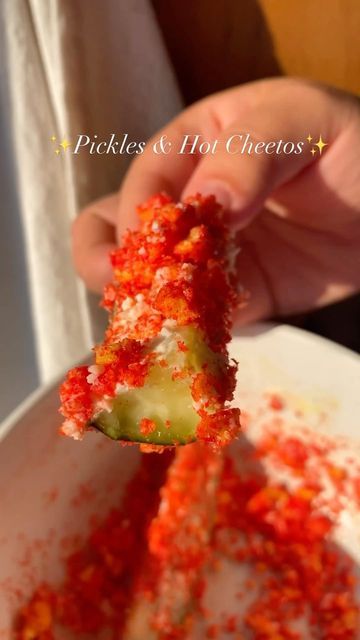 Pickles And Hot Cheetos, Hot Cheeto Food Combos, Hot Cheetos Pickles, Cheetos Recipe Ideas, Jalapeno Cream Cheese With Takis, Hot Cheeto Pickles, Spicy Cheetos, Comfy Food, Hot Snacks