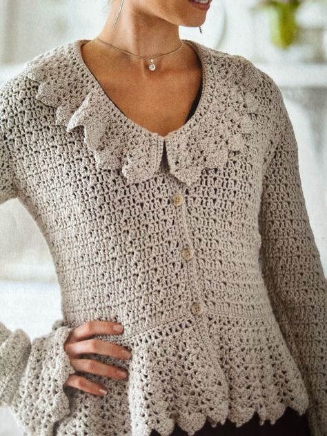 Crochet Lacy Cardigan, Crocheting Tutorial, Lacy Cardigan, Frilly Collar, Frilled Collar, Beau Crochet, Pretty Cardigans, Womens Lace Tops, Crochet Buttons