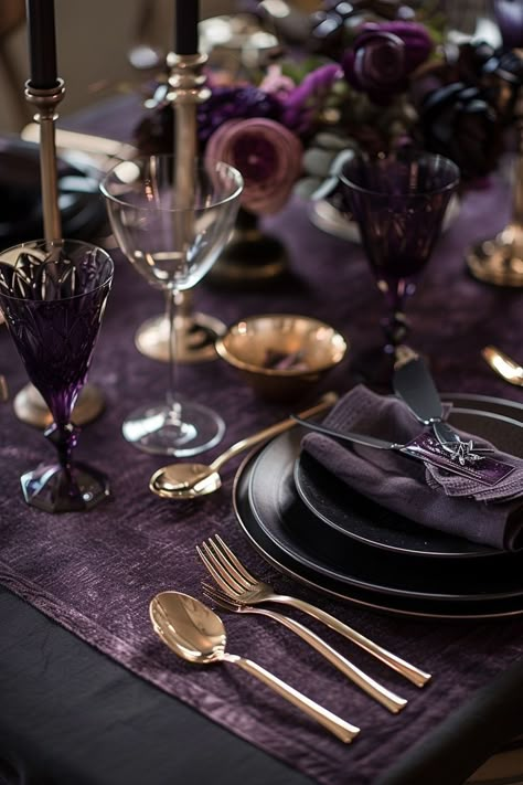 Goth Room Decor Ideas, Whimsical Goth Room, Goth Decor Ideas, 30th Birthday Dinner Party, Gothic Dining Room, Gothic House Decor, Purple Dining, 30th Birthday Dinner, Moody Home Decor