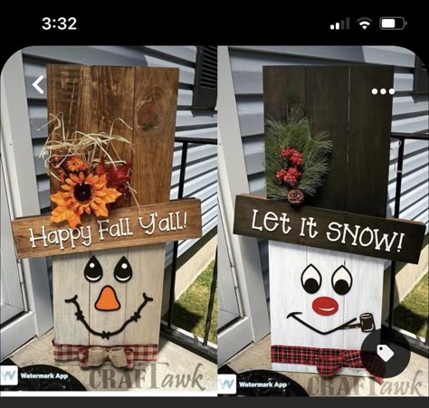 Reversible Thanksgiving Christmas Sign, Porch Holiday Signs, Fall Wooden Outdoor Decor, Double Sided Fall Christmas Sign, Double Sided Signs Diy, Scarecrow Snowman Reversible Diy, Porch Scarecrow Diy, Diy Wooden Scarecrow For Porch, Diy Reversible Holiday Porch Signs