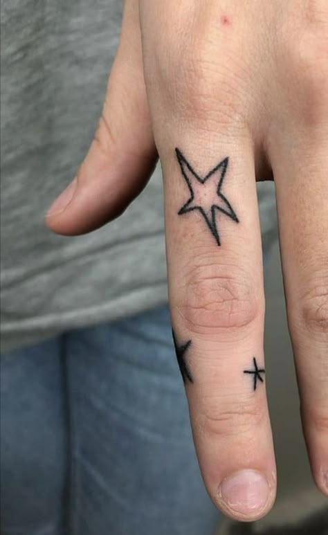 Finger Tattoos Aesthetic Grunge, Hello Goodbye Hand Tattoos, Handpoke Finger Tattoo, Men’s Finger Tats, Star Knuckle Tattoo, Couples Stick And Poke Tattoo, Hand Tattoo Grunge, Astrology Hand Tattoo, Simple Handpoke Tattoo