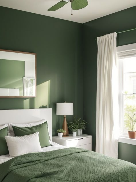 Elevate your bedroom with a bold green accent wall for a refreshing touch. Complete the look by matching it with a sleek wooden bed frame and adding a couple of potted plants for a serene oasis. Light Green Wall Color Bedrooms, Shades Of Green For Bedroom, Emerald Green And White Bedroom Ideas, Small Bedroom Green Walls, Green Bedroom White Furniture, Small Green Bedroom, Soft Green Bedroom, Grey Green Bedrooms, Ottawa House