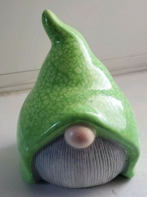 Gnome Green - Ceramic Shelf Mantle Decore Pastel Geen Hat With Grey Beard Dimensions: Length: 4" Width: 4" Height: 5 1/2" Ceramic Gnomes Ideas, Clay Holiday Projects, Pottery Animals Easy, Pottery Gnomes Ideas, Clay Gnomes Ideas, Ceramic Nomes, Thanksgiving Ceramics, Clay Gonk, Pottery Christmas Knomes