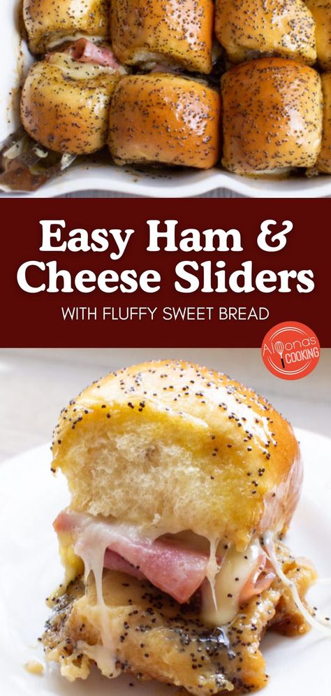 Check out these Ham and Cheese sliders with homemade fluffy sweet bread, salty ham, and melted gooey cheese all baked in a buttery, poppy seed mustard glaze! This ham and cheese sliders recipe is a hit at any gathering! You will love the sweet and sticky sauce over these hot sliders. They're so easy to make as a quick meal or party snacks. Click the link if you want to make these delicious sandwiches for your guests. Hot Sliders, Hot Ham Sandwiches, Ham Sandwich Recipes, Quick Meal Ideas, Ground Chicken Burgers, Ham Cheese Sliders, Ham Sliders, Bread Quick, Ham And Cheese Sliders