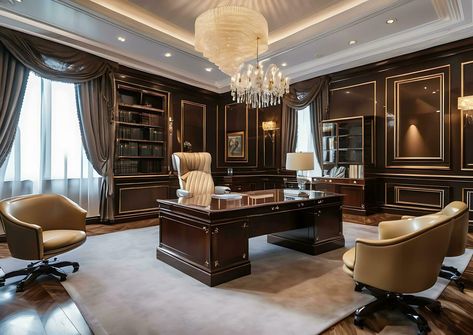 Luxury Office and Working Room in Executive Office AI Generated Mansion Office Room, Old Money Office Design, Big Office Design, Classic Office Design Luxury, Mansion Office, Luxury Home Office Design, Ceo Office Design Luxury, Rich Office, Executive Office Design Interior