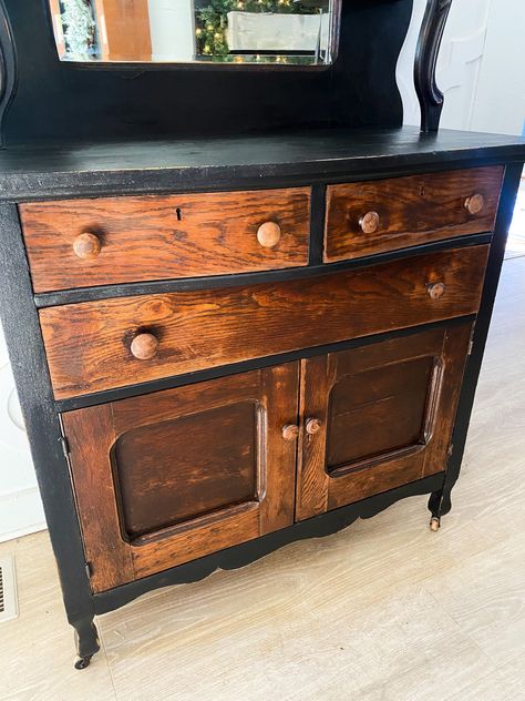 Antique Sideboard With Mirror, Buffet Entryway, French Provincial China Cabinet, Antique Oak Sideboard, Sideboard With Mirror, Mirror Buffet, Carlisle Pa, Burnt Wood Finish, Buffet Makeover