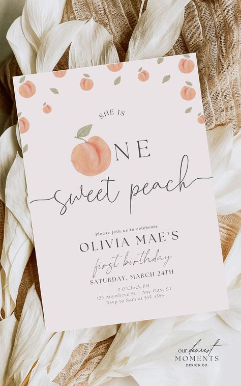 The perfect digital invitation template for your ‘one sweet peach’ themed 1st birthday party! Effortlessly customize and share the joy online with this chic design. A perfect base for your decor to set the tone for a beautiful event! Perfect for hassle-free party planning. Make the day memorable and share the excitement with friends and family. Instant Download with the option of sending via text or printing. Visit 'Our Dearest Moments' to shop and buy now! One Sweet Peach Decorations, One Sweet Peach Invitations, 1 Sweet Peach Birthday, Sweet Peach First Birthday Party, One Sweet Peach First Birthday Party, Peaches First Birthday Party, Peachy One Birthday, August First Birthday Girl, August Birthday Theme