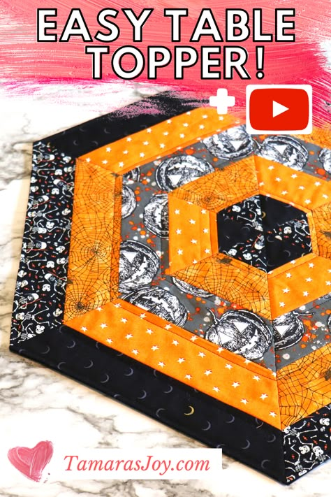 Tabletop Quilts Free Pattern, Halloween Quilted Table Runners Patterns Free, Hexagon Halloween Quilt, Candy Corn Table Topper Pattern, Halloween Quilt Table Runner Pattern, Hexagon Table Topper Pattern Free, Halloween Runners Free Pattern, Table Quilts Free Pattern, Hexagon Quilt Pattern Free Table Toppers