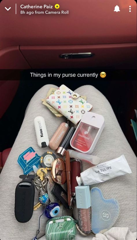 Everyday Bag Essentials, What's In My Purse, Catherine Paiz, Girly Car Accessories, School Bag Essentials, Inside My Bag, Cool Car Accessories, Purse Essentials, Girly Car