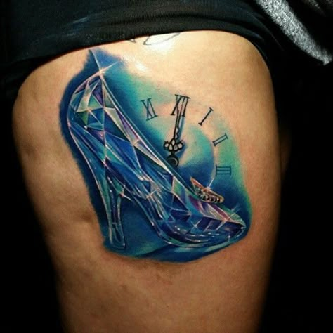 Cinderella glass slipper  Disney tattoo Cinderella Tattoo Ideas, Cinderella Tattoo, Peter Pan Tattoo, Disney Tattoo Ideas, Disney Sleeve Tattoos, Tattoo Painting, Tattoo Disney, Disney Sleeve, Cinderella Slipper