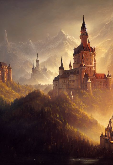 Castle In Mountains Art, Golden Kingdom Fantasy Art, Fantasy Castle Aesthetic, Fantasy Palace, Kingdom Ideas, Castle Background, Castle Aesthetic, Castle Art, Sunset Background