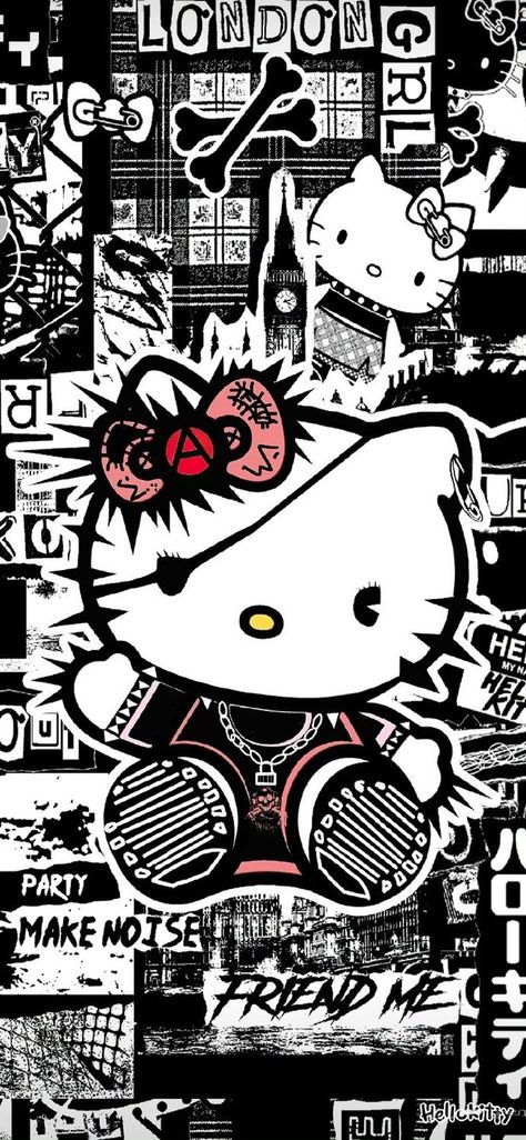 Aesthetic Emo Wallpaper, Mc Bling Pfp, Emo Sanrio Wallpaper, Hello Kitty Wallpaper Emo, Scene Hello Kitty Wallpaper, Metal Hello Kitty, Y2k Punk Aesthetic Wallpaper, Zombie Hello Kitty Pfp, Scary Hello Kitty Wallpaper