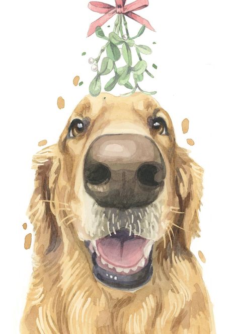 Golden Retriever Christmas Card, Golden Retriever Drawing, Golden Retriever Watercolor, Kiss Under The Mistletoe, Golden Retriever Art, Painted Christmas Cards, Pet Christmas Cards, Golden Retriever Christmas, Christmas Kiss