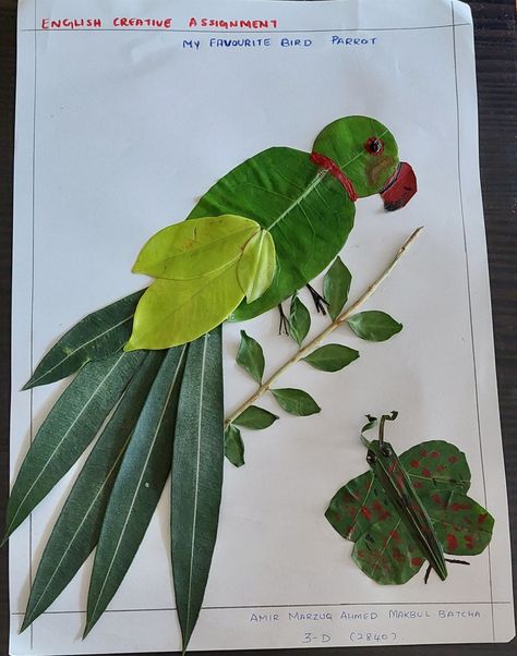 Leaf art parrot Mary Slessor, Leaves Activity, Nature Activities Preschool, Leaf Activity, Cartoon Drawing For Kids, Parrot Craft, Nature Crafts Kids, Scenery Drawing For Kids, Leaf Art Diy