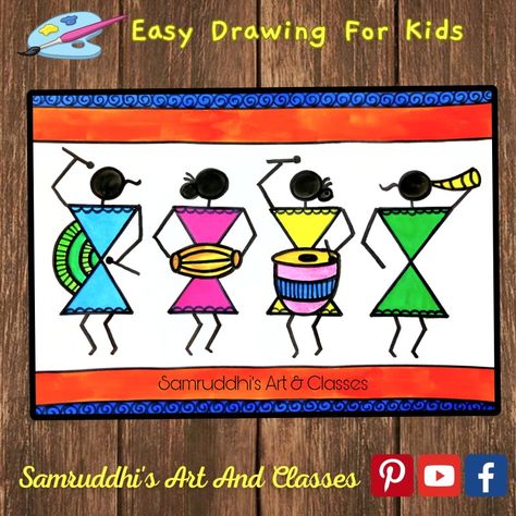 Warli Painting Ideas, Warli Art For Kids, Kids Painting Class, Holi 2024, Happy Bunnies, Warli Paintings, Charity Work Ideas, Hard Drawings, Kids Canvas Painting