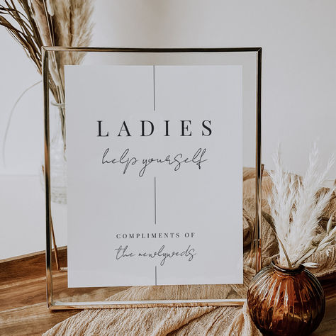 Printable 8x10 sign in a modern minimalist style, designed to be placed alongside your wedding ladies' bathroom amenity basket. Wedding Bathroom Basket Sign, Bathroom Basket Wedding, Serif Lettering, Ladies Bathroom, Bathroom Basket, Wedding Bathroom, Bathroom Baskets, Wedding Reception Signs, Tabletop Signs