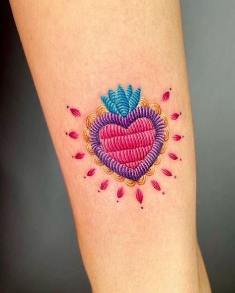 Embroidery Heart Tattoo, Micro Patchwork Tattoos, Tattoo Bordado Mexicano, Mexican Inspired Tattoos For Women, Mexican Embroidery Tattoo, Talavera Tattoo, Embroidery Tattoo Ideas, Mexican Inspired Tattoos, Mexico Tattoo