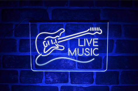 Live Music Guitar LED Neon Light Sign | Hanging Wall Display For Home Bar Pub Custom Home Bars, Heart Font, Engraved Acrylic, Light Up Signs, Bar Led, Man Caves, Led Neon Lighting, Light Sign, Neon Light Signs