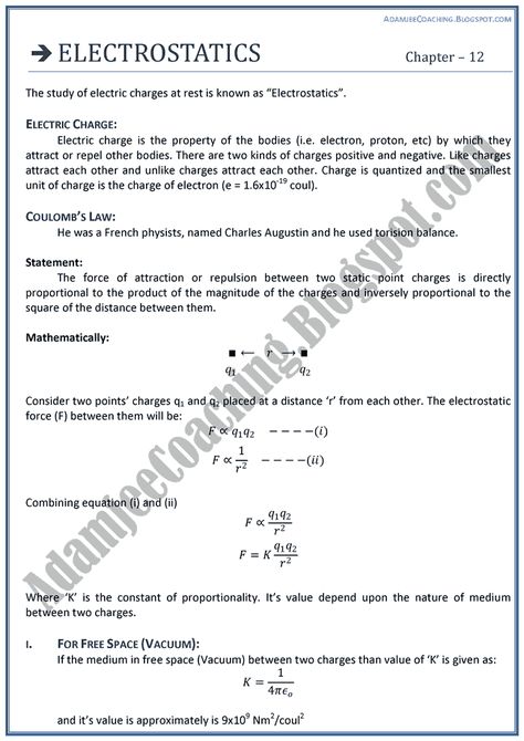 Adamjee Coaching: Electrostatics - Theory Notes - Physics XII Notes Physics, Vocabulary Lesson Plans, Physics Problems, Math Signs, Graphing Linear Equations, College Math, Physics Lessons, Math Word Walls, Learn Physics