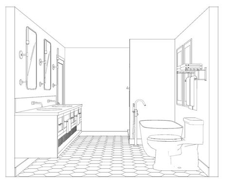 Bathroom Drawing Reference, Bathroom Perspective, 1960s Bathroom Remodel, Bathroom Sketch, Architecture Bathroom Design, Tami Faulkner, Whole House Renovation, Bathroom Drawing, Restaurant Plan