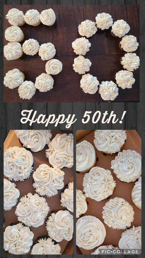 All white cupcakes with assorted piping techniques and white pearl sprinkles, in 50 shape. Cupcakes For 50th Birthday For Women, 50 Cupcake Cake Number, Cupcake 50th Birthday, 50th Birthday Cupcakes For Women Ideas, Cupcakes 50th Birthday, 50th Anniversary Cupcakes, 50th Cupcakes, 60th Birthday Cupcakes, Birthday Cupcakes For Women