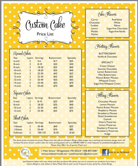 Baking Price List Template, Bakery Price List Template, Birthday Party Packages Price List, Cupcake Price List, Cake Price List Template, Dessert Pricing Chart, Cake Price List Design, Baked Goods Price List, Cake Prices Chart