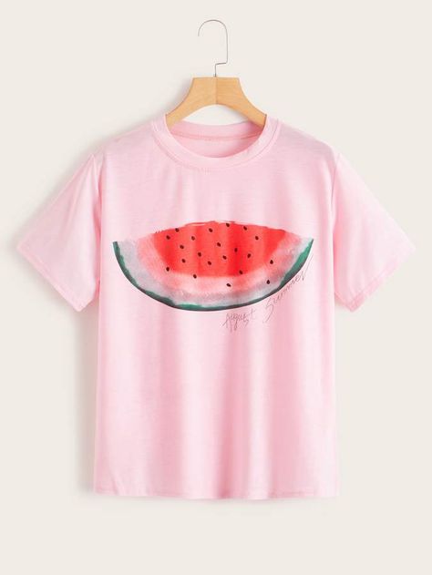 Watermelon Lettering, Watermelon Shirt, Printed Tee Women, Letter Print Tee, Latest T Shirt, Tween Outfits, Women T Shirts, Print Tee, Shein Style