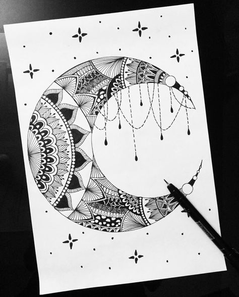 Moon And Stars Doodle, Zentangle Stars, Star Zentangle, Moon Zentangle, Art Rubric, Sun And Moon Mandala, Mandala Book, Moon Projects, Star Doodle