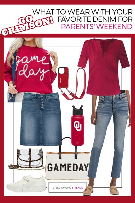 Excited to hit the road and visit your college student? Trying to decide what outfit to sport while exploring campus or attending a football game? We’re here to help! Take a look at our latest blog post featuring 8 stylish color combinations perfect for game day outfits. All approved by over 50 moms! Dads, we’ve got options for you too! Cheers to the team! #gameday #parentsweekend #collegefootball #fashionover50 Red And Black Football Game Outfits, Sec Football Game Day Outfit, Casual Red Shirt For Game Day, Casual Moisture-wicking T-shirt For Game Day, Mom Game Day Outfit, Pregnant Game Day Outfit, College Parents Weekend, College Style T-shirt For Game Day In Fall, Cheap Women's Game Day T-shirt