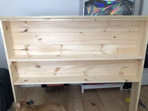 My Tongue and Groove Bookcase Headboard | Hometalk Bedroom Dresser Ideas, Diy Storage Headboard, Headboard Plan, Build A Headboard, Diy Wood Headboard, Bookshelf Headboard, Headboard Diy, Simple Bed Frame, Simple Headboard