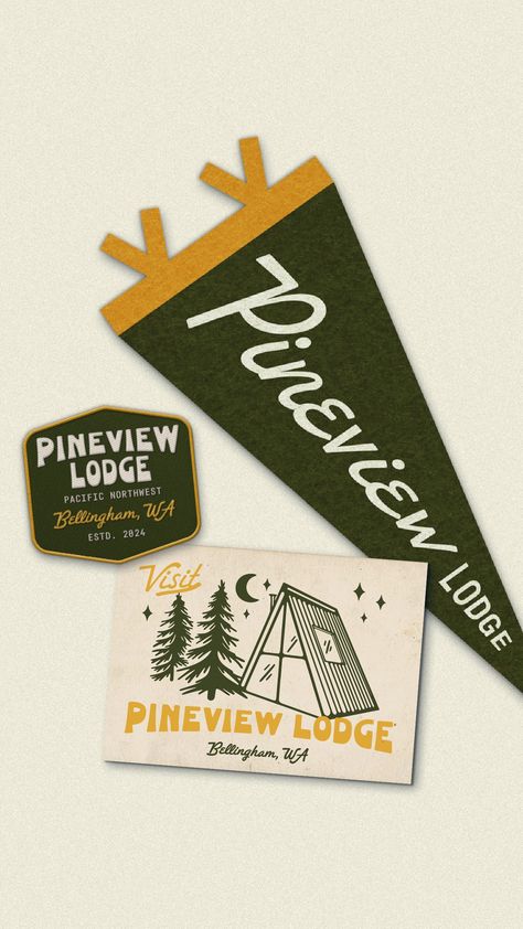 Pineview Lodge — Branding & Graphic Design | Blue River Studio Graphic Design Names Ideas, Outdoor Brand Design, Camp Graphic Design, Camping Graphic Design, Camping Branding, Cabin Branding, Rustic Graphic Design, Summer Camp Branding, Outdoorsy Design