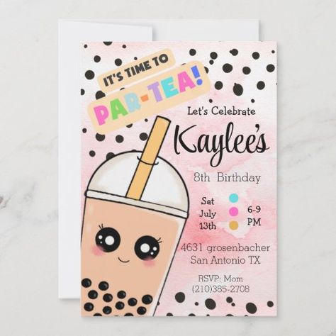 Create your own Invitation | Zazzle Kawaii Party Invitations, Boba Tea Birthday Party Ideas, Bubble Tea Birthday Party, Boba Tea Party Theme, Boba Theme Birthday Party, Boba Tea Birthday Party, Boba Birthday Party, Pink Boba Tea, Bubble Tea Birthday