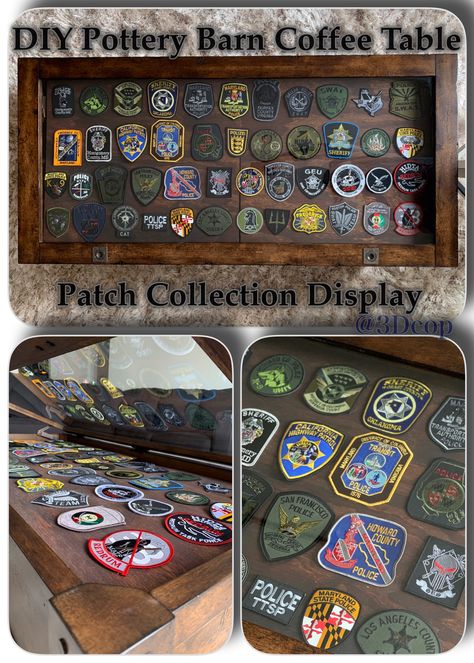 Pottery Barn shadow box coffee table turned into a simply and fictional Police Patch Collection Display. #police #leo #policegifts #patch #policepatch Police Patches Collection Display, Patch Collection Display Ideas, Police Patch Display Ideas, Patch Collection Display, Police Patches Display, Patch Display Ideas, Morale Patch Display, Patch Display, Patches Collection