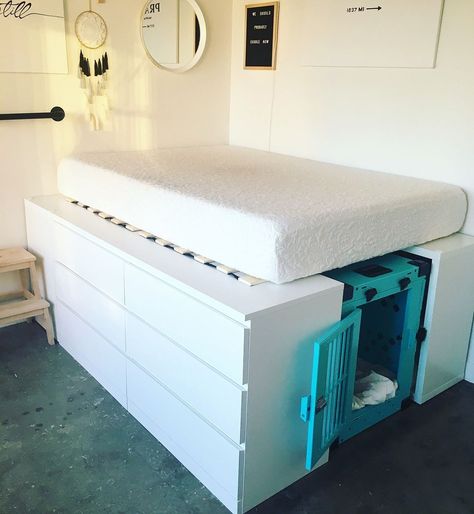 To the folks from AT inboxing me about how I made the bed: 1 large Malm dresser, 4 small Kallax units, mount units to each other/ the wall.… | Instagram Custom Bed Frame, Collapsible Dog Crate, Cama Ikea, Diy Dog Crate, Malm Dresser, Space Saving Beds, Crate Diy, Furniture Sliders, Dog Crates