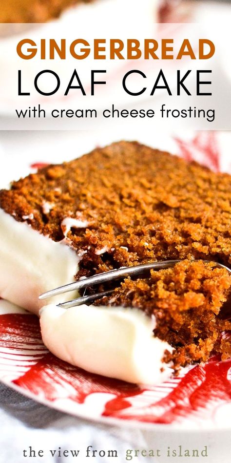 Gingerbread Loaf Cake with Cream Cheese Frosting is a moist coffee shop style gingerbread cake with tons of holiday flavor and a thick layer of frosting!rn#cake #dessert #gingerbreadcake #loafcake #quickbread #homemade #betterthanstarbucks #gingerbread #molasses Cake Mix Gingerbread Loaf, Iced Loaf Cake, Iced Gingerbread Loaf, Frosting For Gingerbread Cake, Gingerbread Latte Cake, Christmas Flavored Cakes, Christmas Loaf Cakes, Ginger Bread Loaf, Gingerbread Desserts