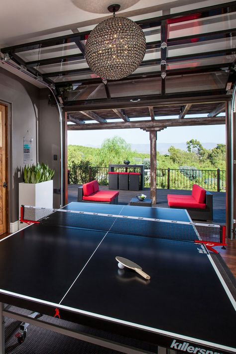 Indoor Outdoor Game Room, Garage Turned Into Game Room, Sunroom Game Room Ideas, Kids Gameroom Ideas, Airbnb Game Room, Ultimate Game Room, Garage Makeover Game Room, Garage Game Room Converted, Teenager Hangout Room Ideas