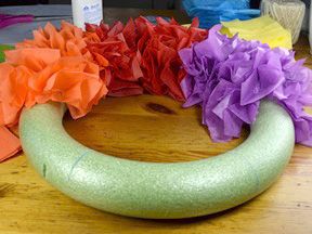 Pride Wreath Diy, Rainbow Wreath Diy, November Decorations, Grave Arrangements, Pride Wreath, Teal Pumpkin Project, Pride Ally, Foam Wreath, Faith Crafts