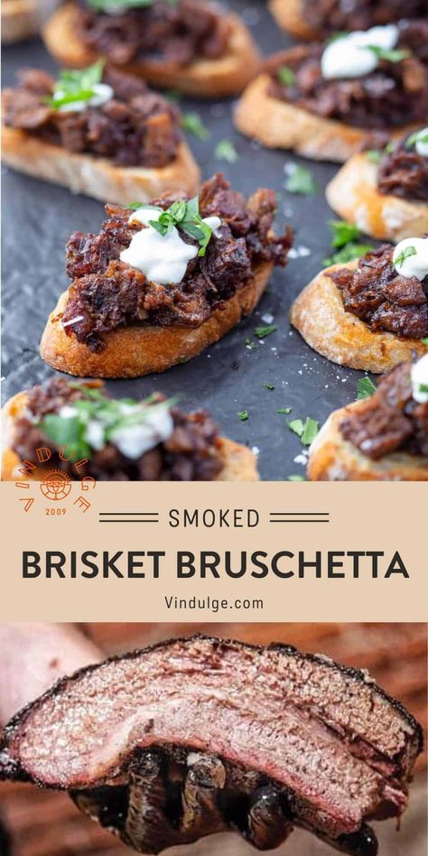 Brisket Finger Foods, Brisket Party Ideas, Brisket Crostini, Brisket Sandwiches Ideas For Party, Brisket Bruschetta, Brisket Appetizers, Brisket Breakfast Recipes, Brisket Appetizer Ideas, Traeger Sides