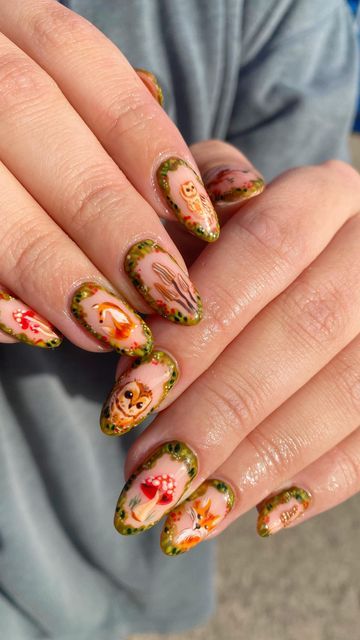 Nail Ideas Cottagecore, Cottagecore Nails Aesthetic, Woodland Nail Art, Cottagecore Nails Simple, Forest Theme Nails, Woodland Nails Designs, Fall Fox Nails, Outdoor Nail Designs, Cottagecore Nail Art