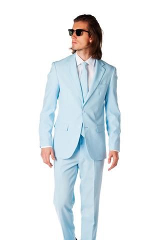 The Blue "Ball Obliterator" Dress Suit by Opposuits - Shinesty Bright Blue Suit, Grey Mugs, Traditional Suit, Baby Blue Dresses, Party Suits, Grey Tie, Movie Costumes, Gray Suit