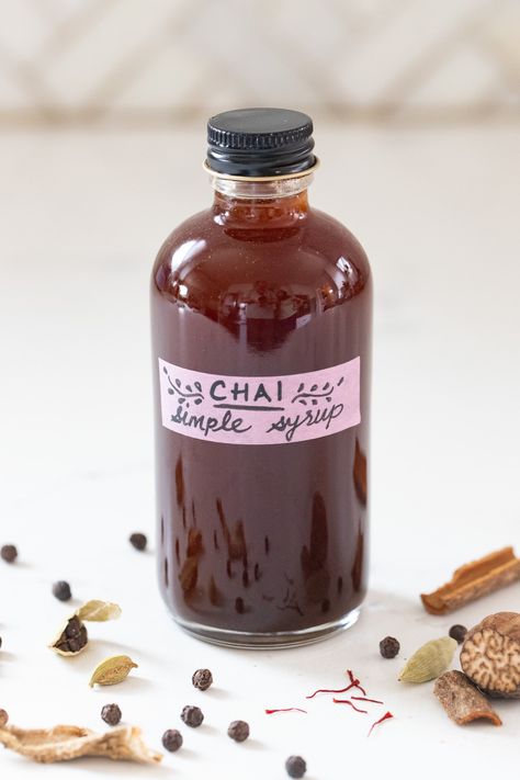 Chai Simple Syrup, Chai Syrup Recipe, Chai Syrup, Tea Lattes, Black Tea Bags, Simple Syrup Recipes, Coffee Menu, Coffee Syrup, Steeped Tea