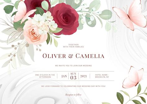 Horizontal greenery wedding invitation c... | Premium Vector #Freepik #vector Floral Wedding Invitation Card, Rose Wedding Invitations, Wedding Invitation Card Template, Invitation Card Template, Watercolor Floral Wedding Invitations, Greenery Wedding Invitations, Wedding Invitation Card, Peach Roses, Pattern Flower