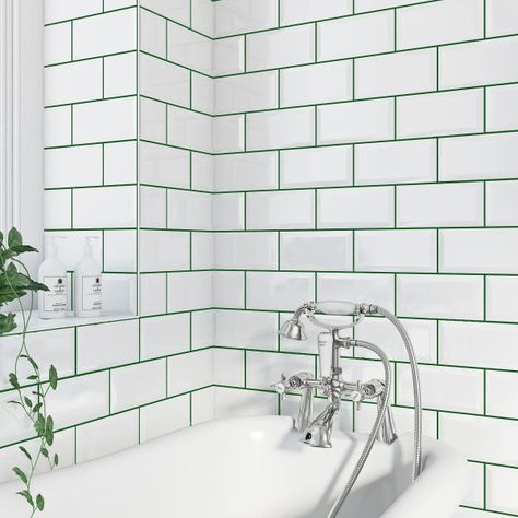 White Tile Bathroom Walls, Bathroom Wall Tiles Design, Metro Tiles Bathroom, Metro White, Grey Grout, White Bathroom Tiles, Wall Tiles Design, Metro Tiles, Kitchen Floor Plans