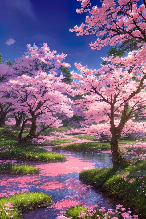 A gentle stream flows gracefully, meandering alongside elegant sakura trees, creating a breathtaking spectacle as its surface becomes adorned with delicate pink petals. This captivating digital artwork captures the ephemeral beauty of the cherry blossoms as they gracefully fall and drift upon the tranquil waters. The stream's gentle currents carry the petals along, creating a serene and enchanting scene that evokes a sense of wonder and tranquility. Pretty Phone Backgrounds, Sakura Trees, Cherry Blossom Wallpaper, Beautiful Scenery Photography, Pink Nature, Sakura Tree, Pretty Backgrounds, Sakura Flower, Wallpaper Nature Flowers