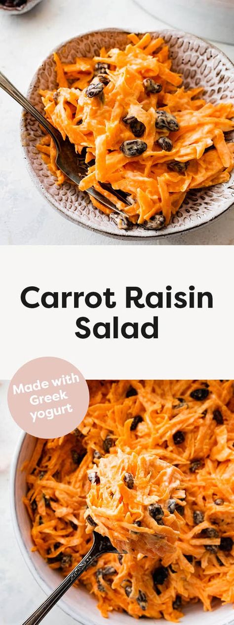 This simple carrot raisin salad comes together in under 10 minutes with just 7 ingredients. It's refreshing, creamy and the perfect side dish for any gathering. Raisin Salad, Carrot Raisin Salad, Orange Dressing, Carrot Salad Recipes, Easy Grilled Chicken, Salad Vegan, Vegan Salads, Potluck Dishes, Carrot Salad