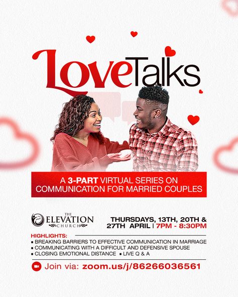 #lovetalks #love #conversation #couples #relationship #intimacy #married #communication Relationship Flyer Design, Talk Poster Design, Webinar Flyer, Talk Poster, Schedule Ideas, Content Development, Marriage Retreats, Communication In Marriage, Christian Graphic Design