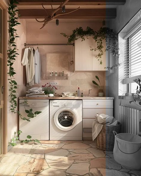 Full Color Image in ai-img-gen.com 🔸 A laundry room in wabi-sabi style, with a washing machine, dryer, clothing cabinets, stone decoratio... 🔸 From Midjourney AI Image Wabi Sabi Laundry Room, Washing Machine Cabinet, Natural Laundry, Wabi Sabi Style, Wooden Cabinets, Pink Walls, Stone Flooring, Stone Tiles, Colour Images